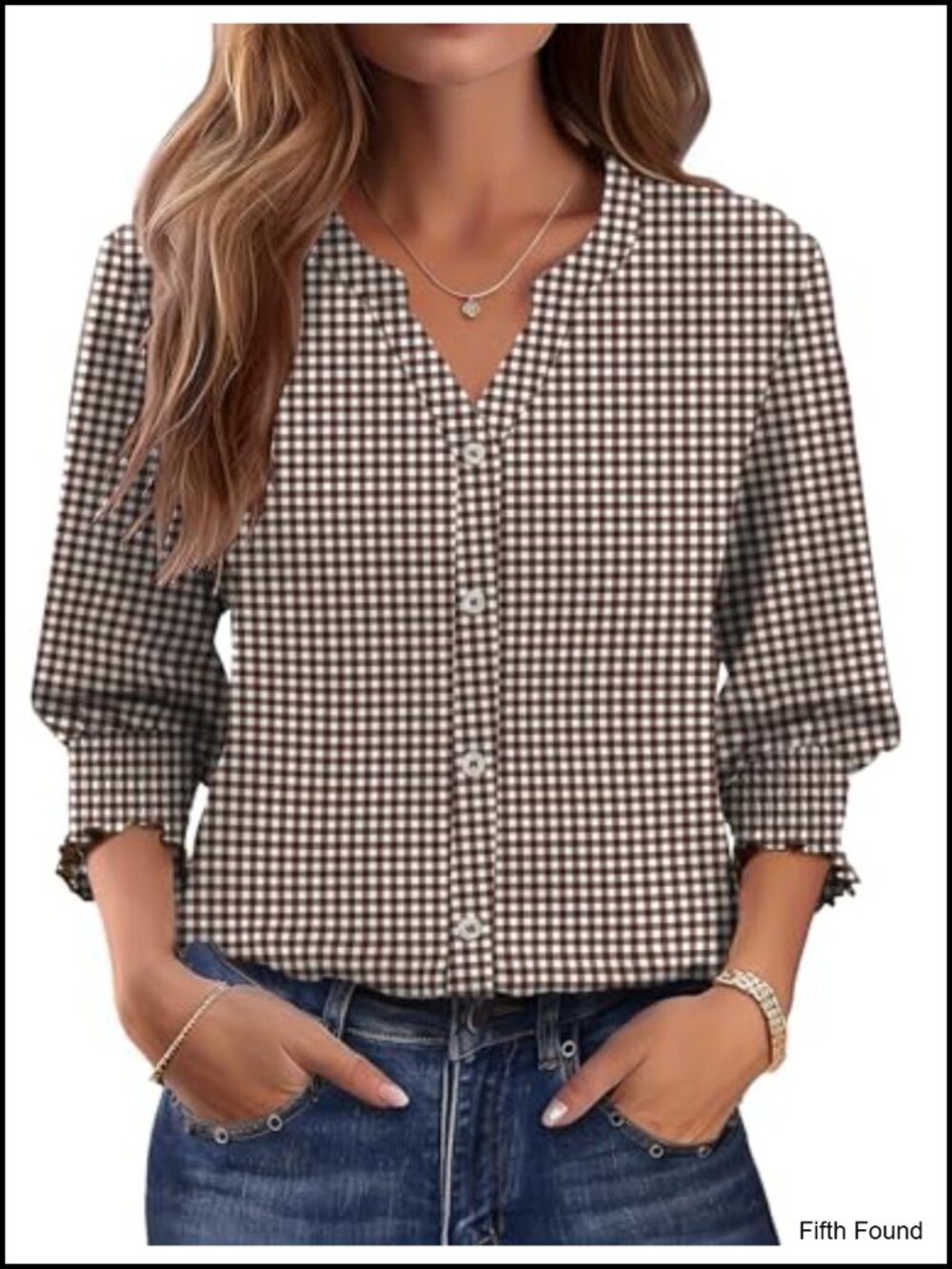 Womens 3/4 Sleeve Button Down Blouse Smocked V-Neck Business Casual Top